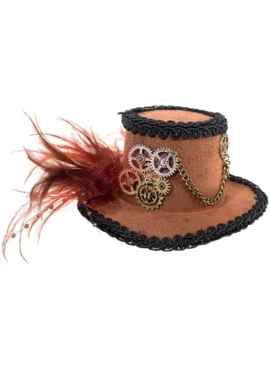 Mini Brown Steampunk Top Hat with Feathers