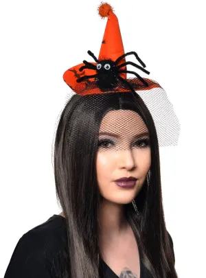 Mini Orange Spider Witch Hat on Headband with Black Veil