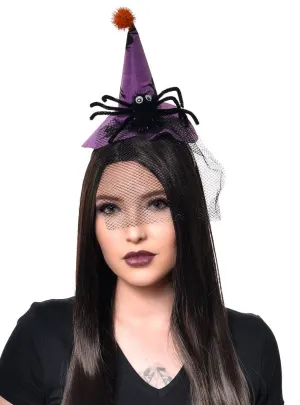 Mini Purple Spider Witch Hat on Headband with Black Veil