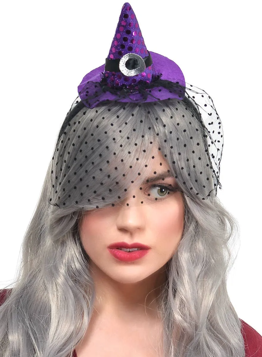 Mini Purple Witch Hat with Black Polka Dot Veil