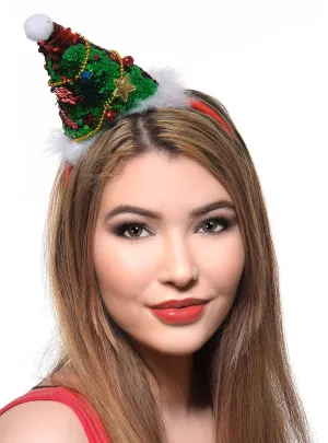Mini Red and Green Sequin Christmas Tree Hat on Headband