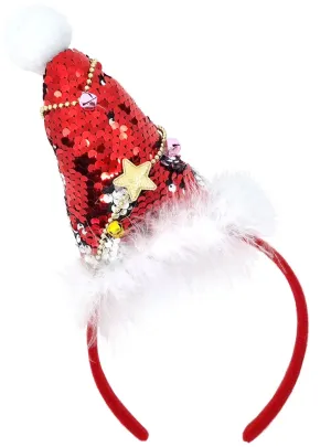 Mini Red and Silver Sequin Christmas Hat on Headband