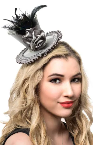 Mini Silver Satin Top Hat with Peacock Feather