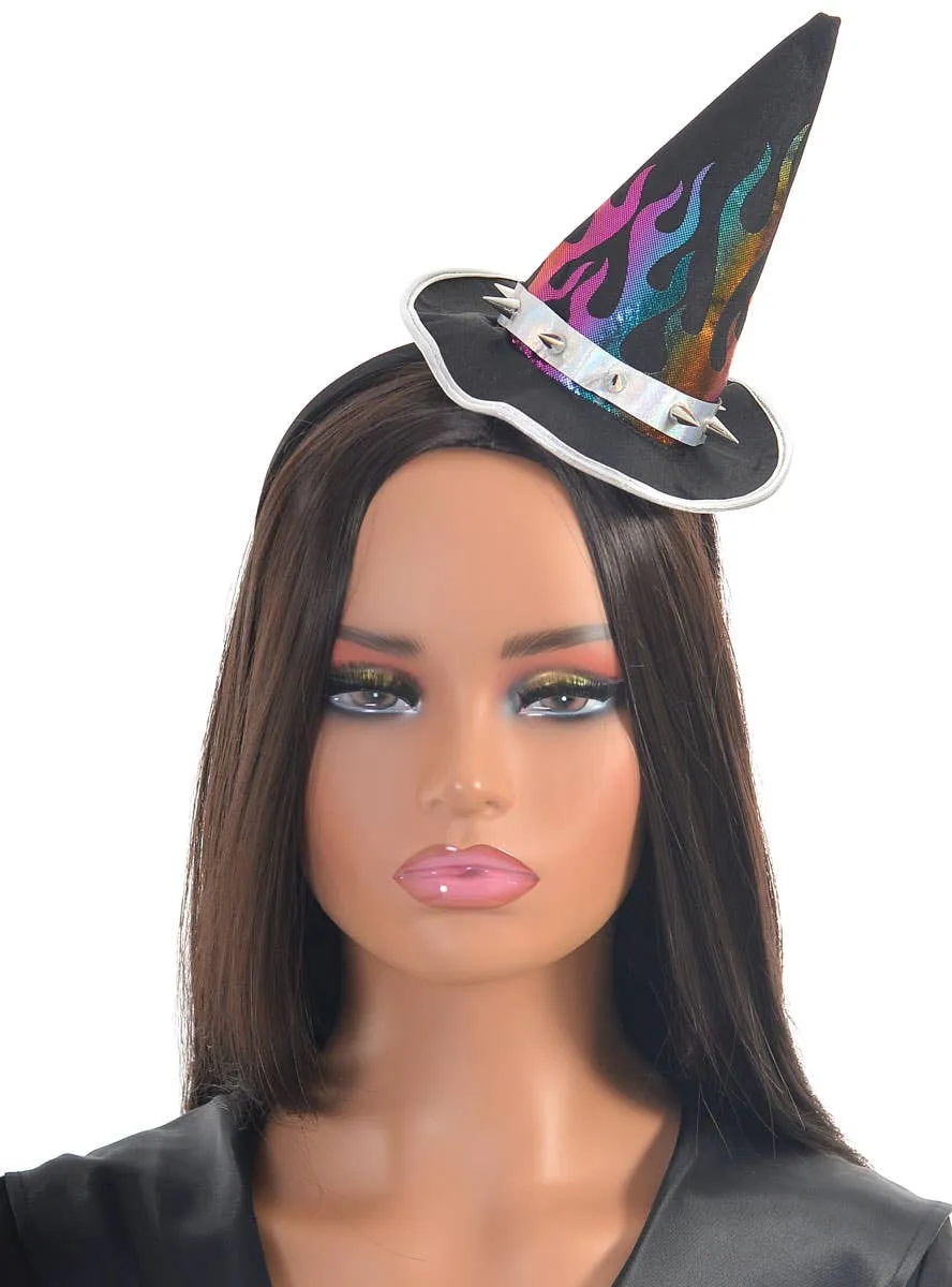 Mini Spiked Rainbow Flame Witch Hat on Headband