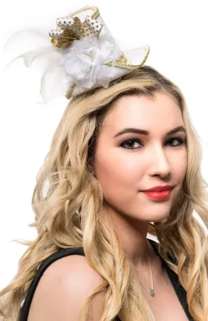 Mini White and Gold Velvet Top Hat with Feathers