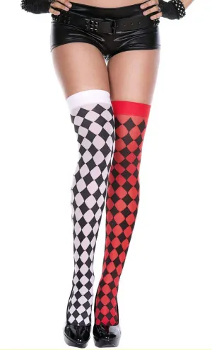 Mismatch Red and Black Harlequin Thigh High Stockings
