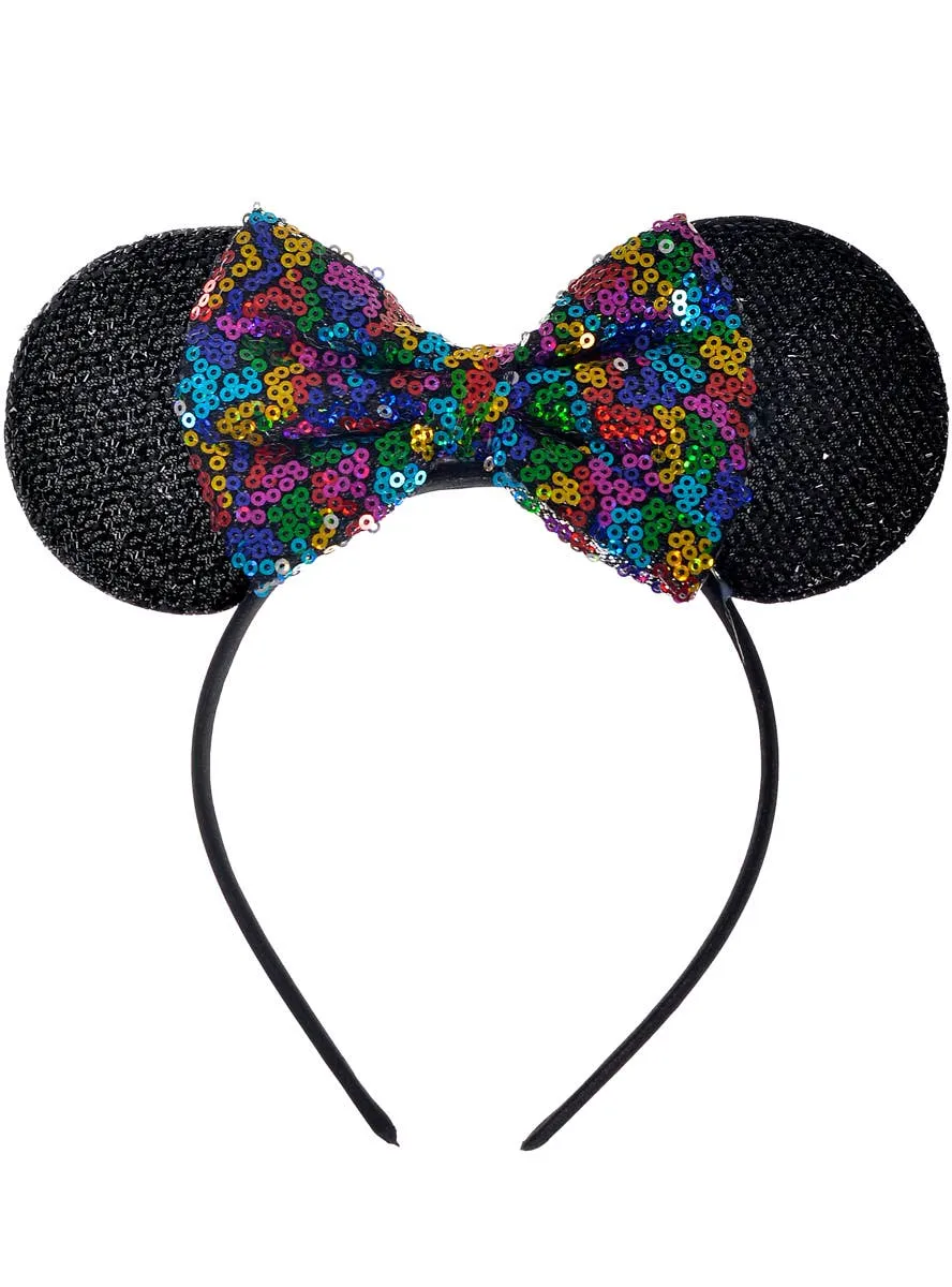 Miss Mouse Ears with Rainbow Sequin Bow Headband