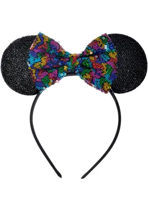 Miss Mouse Ears with Rainbow Sequin Bow Headband