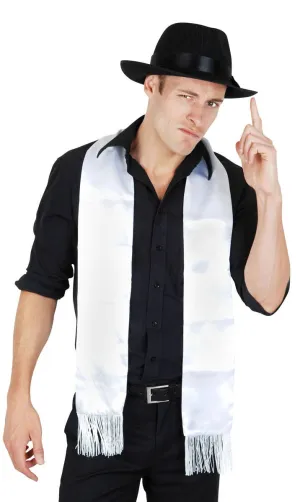 Mob Boss Mens White Satin 20s Gangster Scarf with Tassels