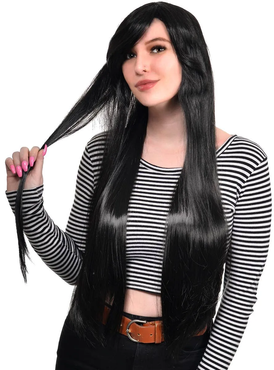 Morticia Womens Extra Long Straight Black Costume Wig