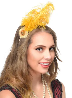 Mustard Yellow 1920s Feather Flapper Headband Costume Accessory