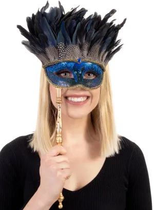 Mystery Blue Feather Masquerade Mask with Handle