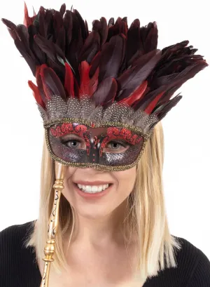Mystery Red Feather Masquerade Mask with Handle