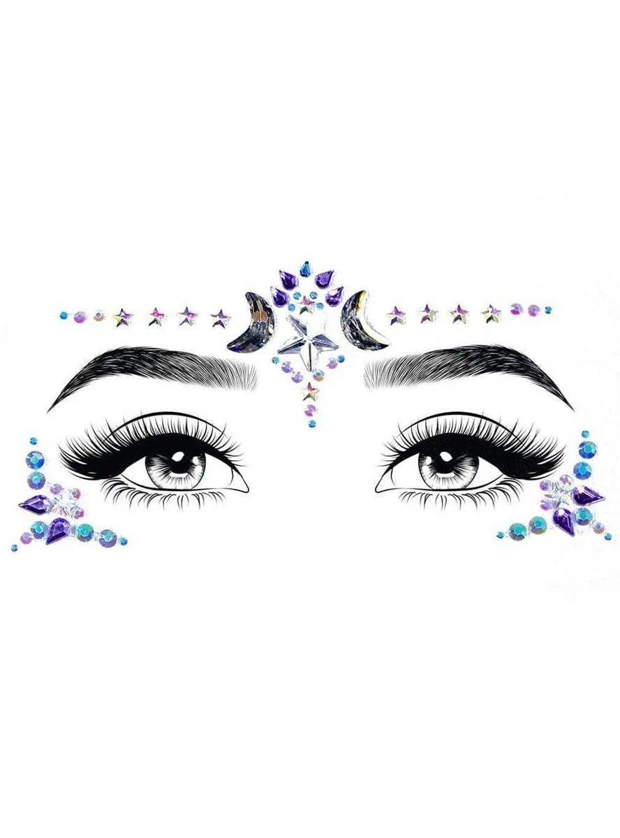 Mystic Purple and Blue Moon and Stars Stick On Face Jewels