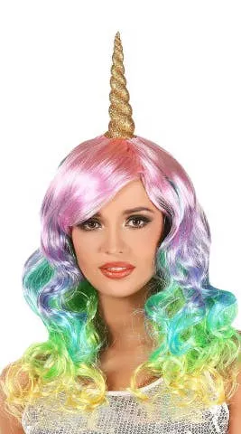Mystical Rainbow Unicorn Womens Curly Wig with Horn