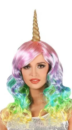 Mystical Rainbow Unicorn Womens Curly Wig with Horn