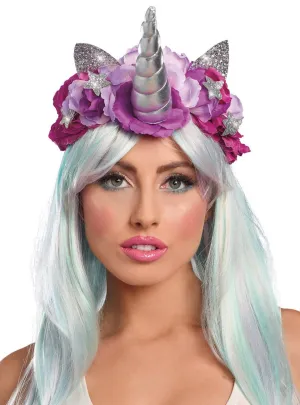 Mystical Silver Unicorn Costume Headband with Purple Roses