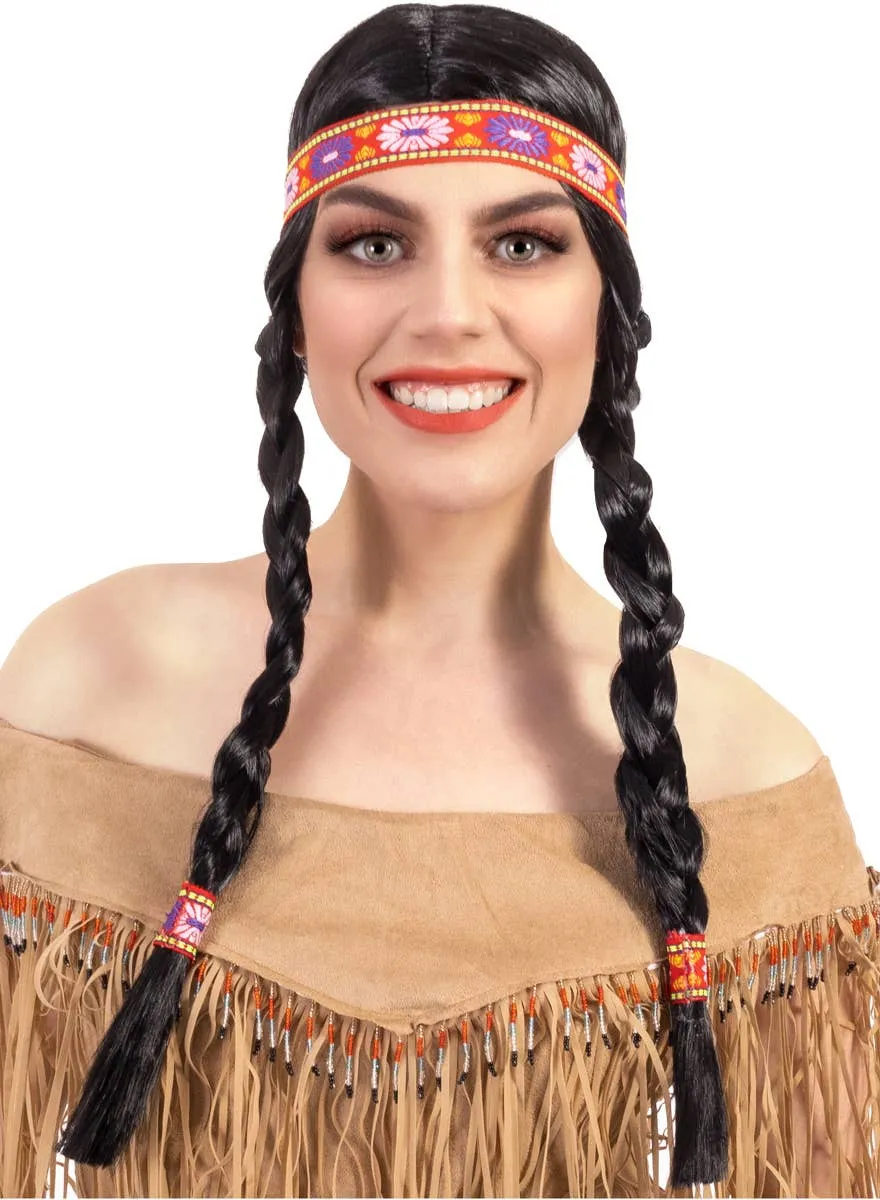 Native American Womens Black Costume Wig with Plaits