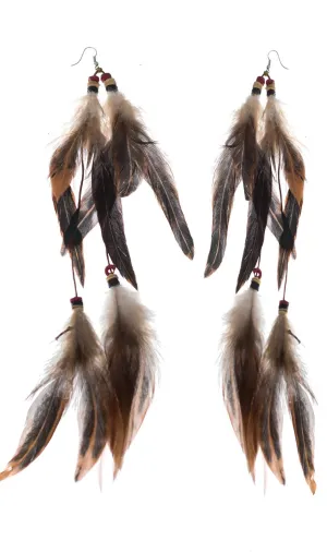 Native Indian Brown Long Feather Costume Earrings
