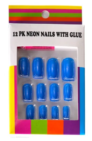 Neon Blue Fake Stick On Fingernails