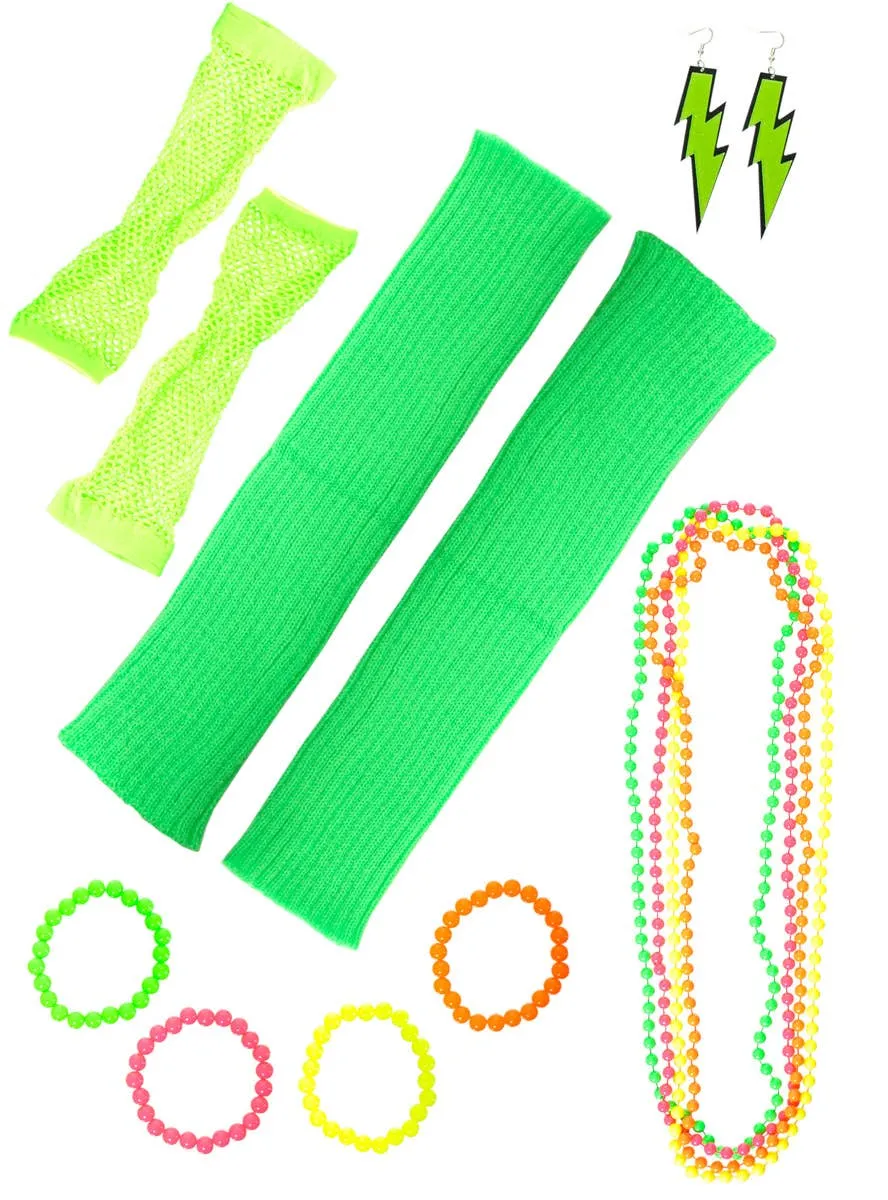 Neon Green 11 Piece 1980s Costume Accessory Set