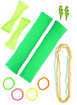 Neon Green 11 Piece 1980s Costume Accessory Set
