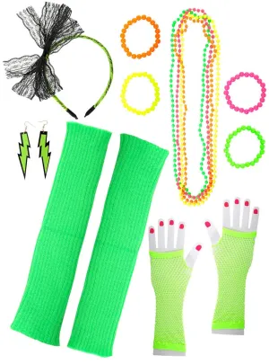 Neon Green 12 Piece 1980s Costume Accessory Set