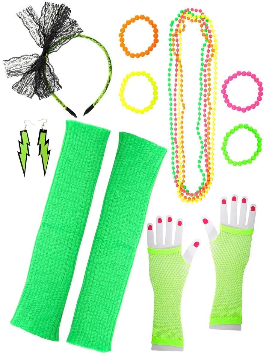 Neon Green 12 Piece 1980s Costume Accessory Set