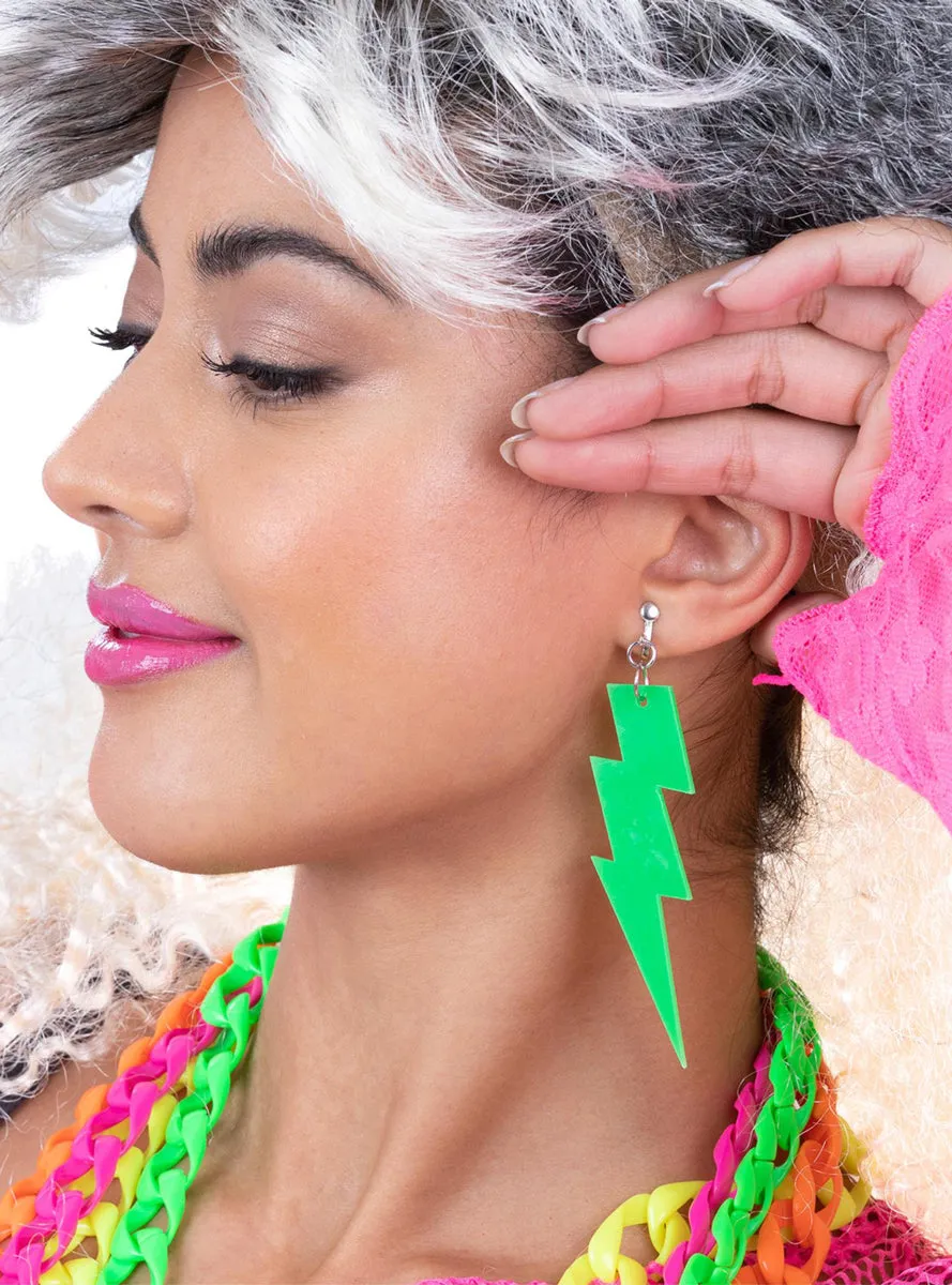 Neon Green 1980s Lightning Bolt Costume Earrings