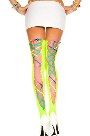 Neon Green Thigh High Stockings with Rainbow Lace Up Back Seam