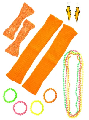 Neon Orange 11 Piece 1980s Costume Accessory Set