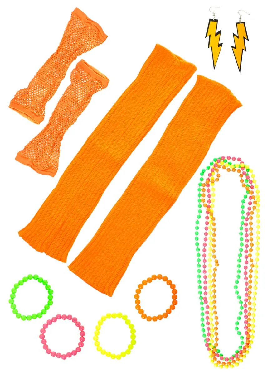 Neon Orange 11 Piece 1980s Costume Accessory Set
