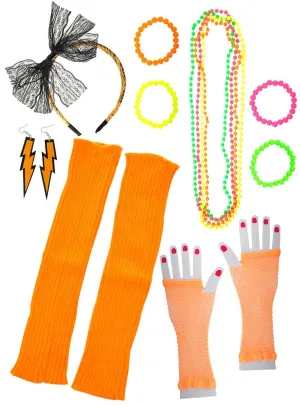 Neon Orange 12 Piece 1980s Costume Accessory Set