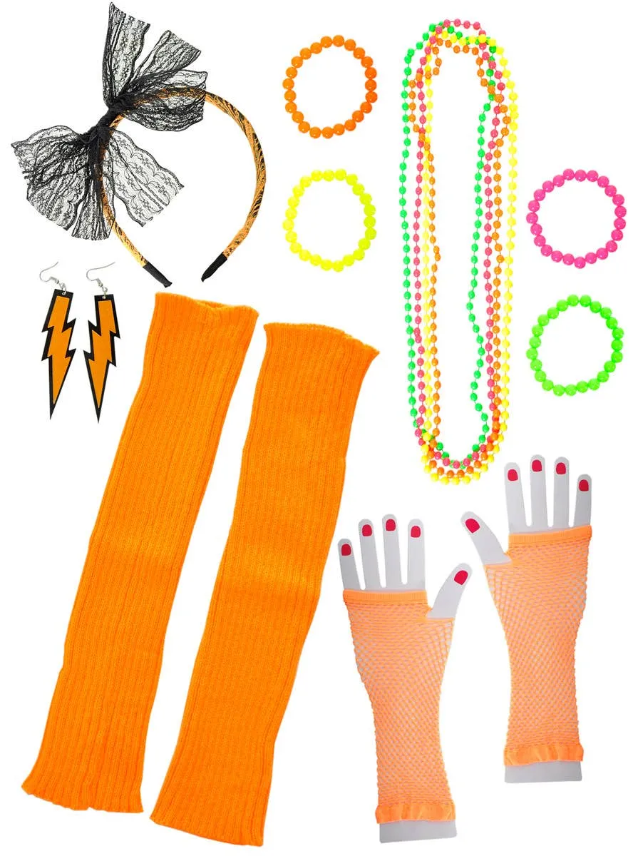 Neon Orange 12 Piece 1980s Costume Accessory Set