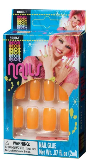 Neon Orange Womens 80s Stick On Finger Nails