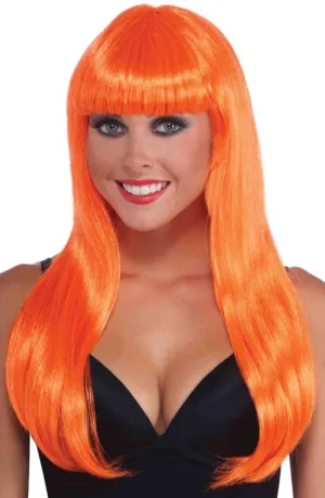Neon Orange Womens Long Straight Costume Wig