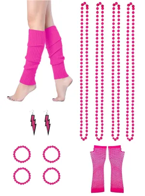 Neon Pink 11 Piece 1980s Costume Accessory Set