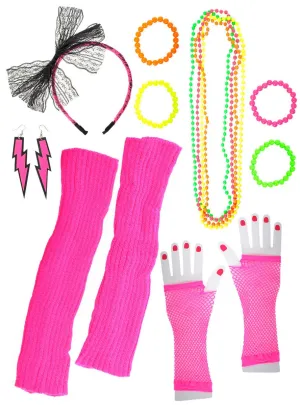 Neon Pink 12 Piece 1980s Costume Accessory Set