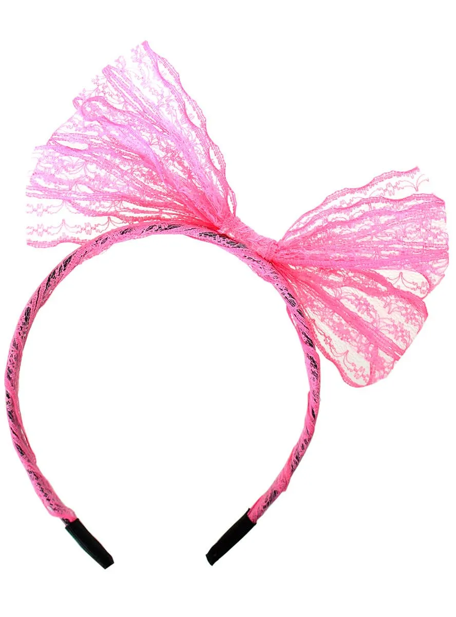 Neon Pink 1980s Lace Bow Costume Headband