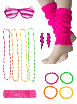 Neon Pink 1980s legwarmers And Jewellery Costume Accessory Set