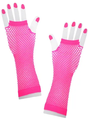 Neon Pink 1980s Mid Length Fishnet Costume Gloves