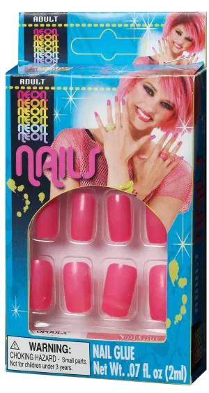 Neon Pink 80s Stick On Finger Nails Costume Accessory