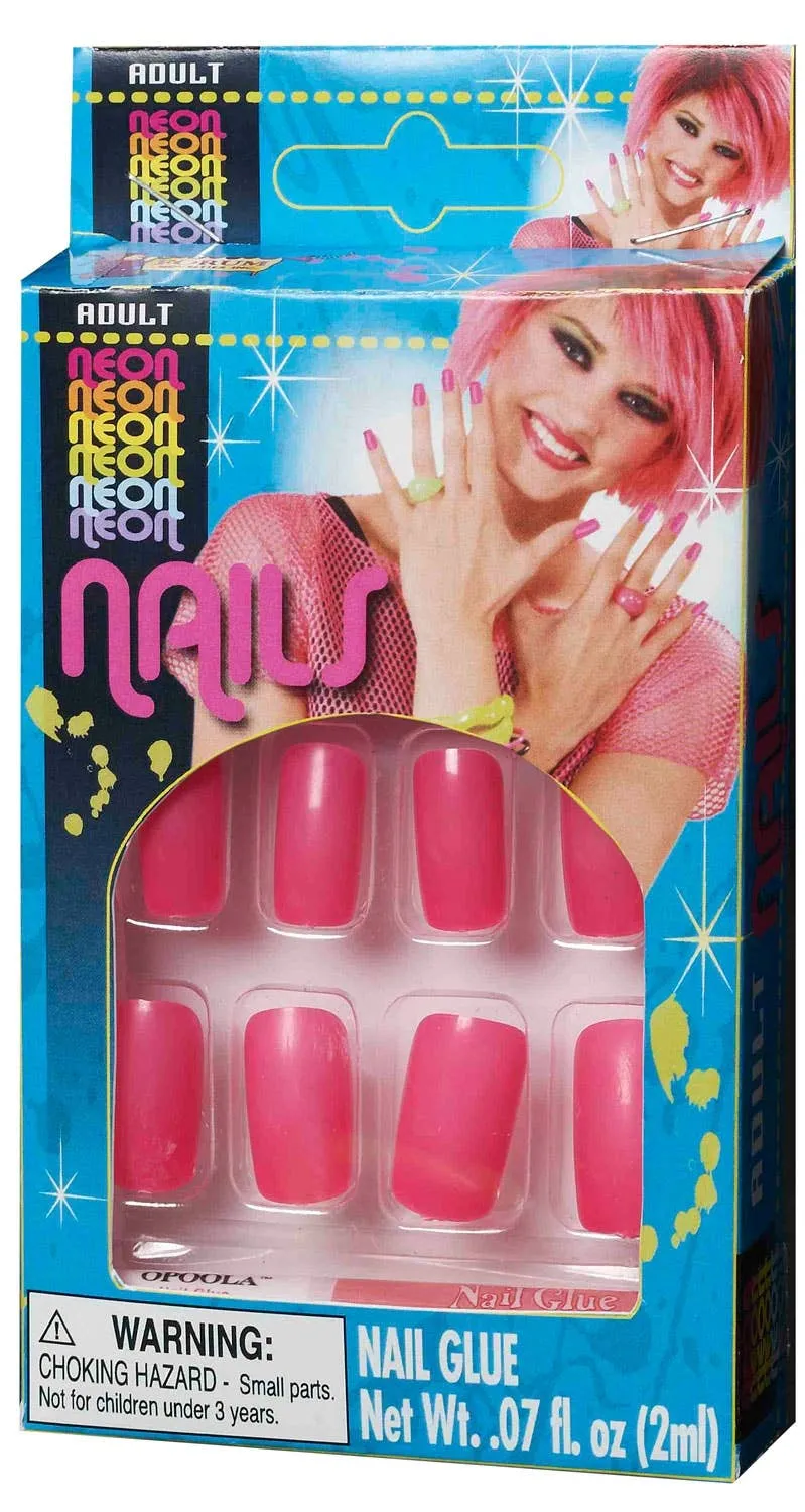 Neon Pink 80s Stick On Finger Nails Costume Accessory