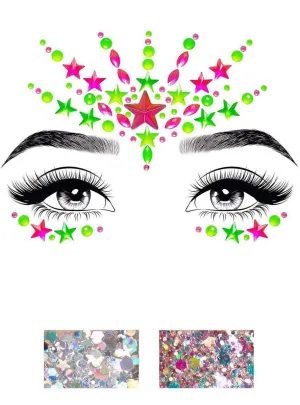 Neon Pink and Green UV Reactive Stick On Face Jewels and Body Glitter