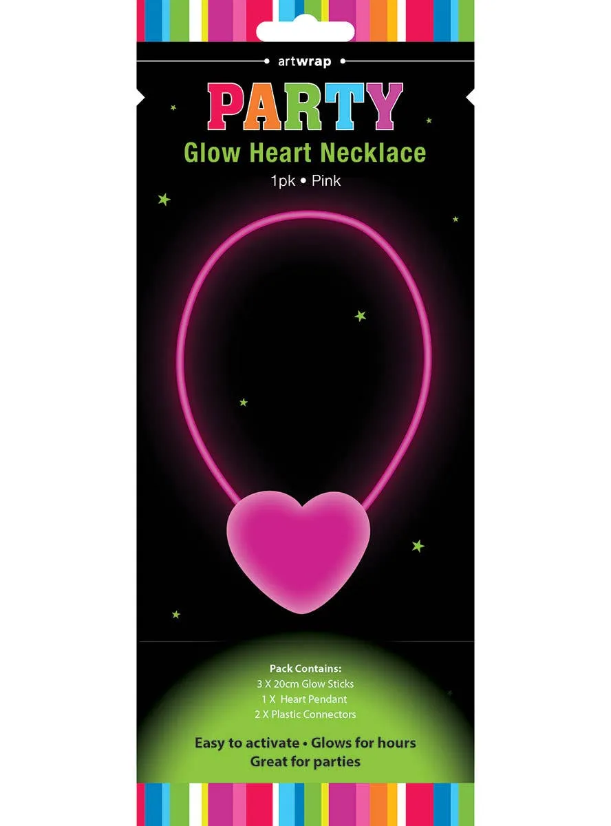 Neon Pink Glow In The Dark Heart Glow Stick Necklace