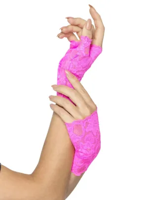 Neon Pink Lace 1980s Fingerless Costume Gloves