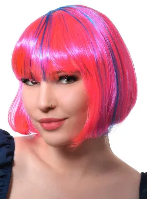 Neon Pink Womens Bob Costume Wig with Blue Streaks