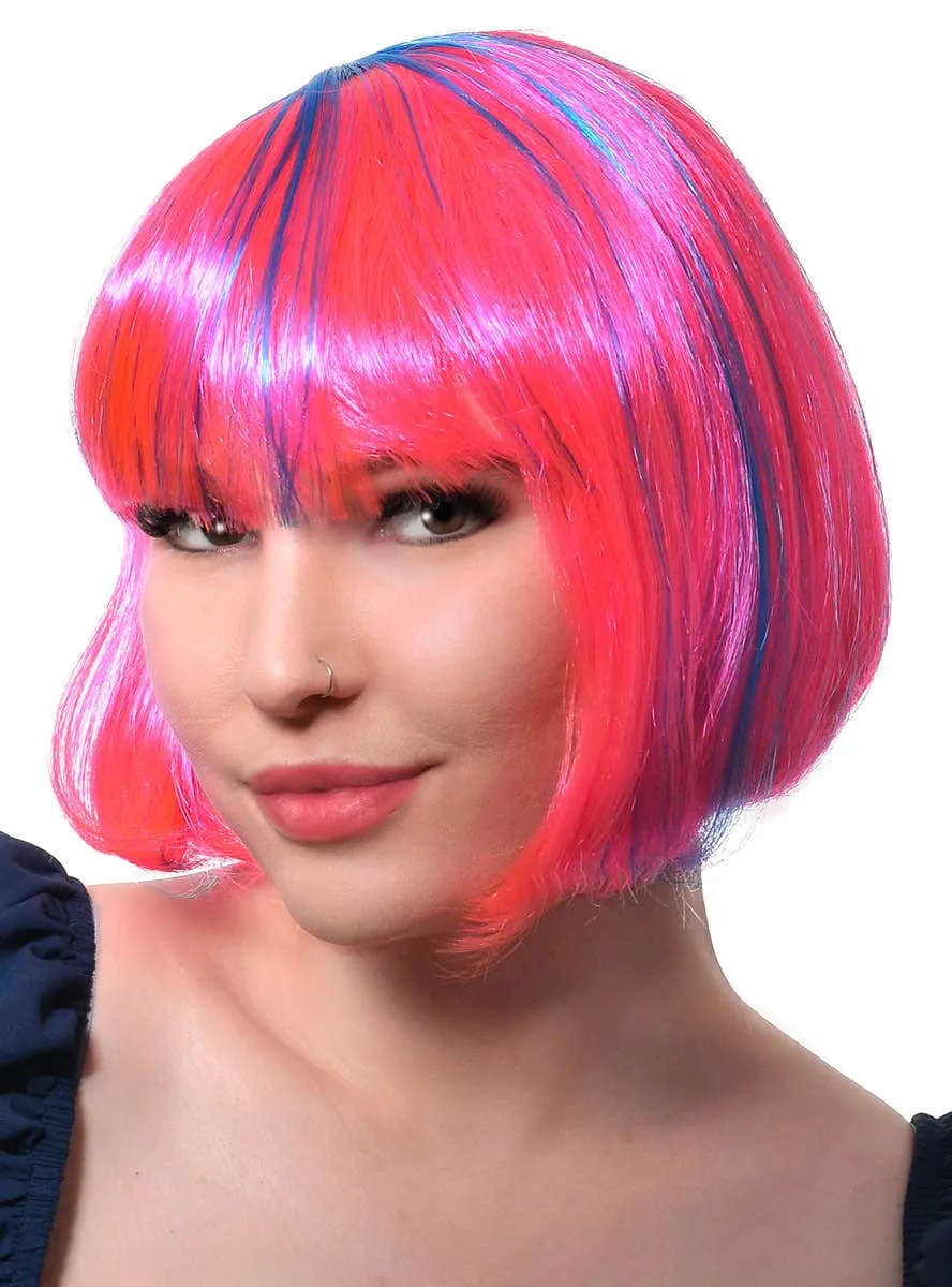 Neon Pink Womens Bob Costume Wig with Blue Streaks