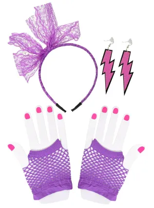 Neon Purple 3 Piece 1980s Costume Accessory Set