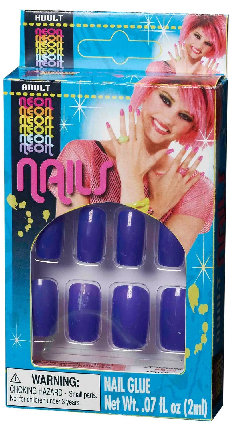 Neon Violet Womens 1980s Stick On Finger Nails